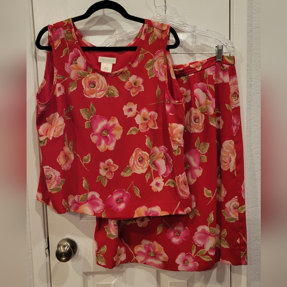 Worthington Red Floral Top with Pink and Cream Blooms